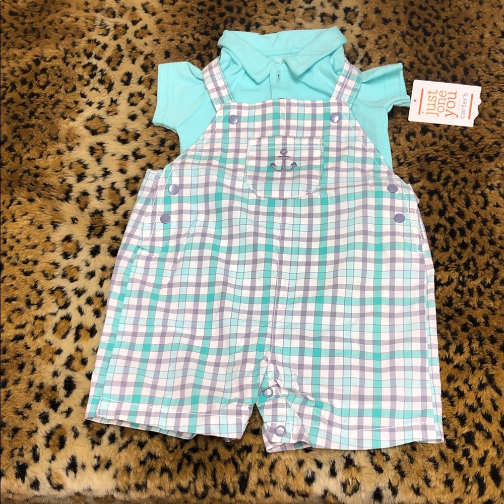 Carter's Plaid Overalls - Green and Purple